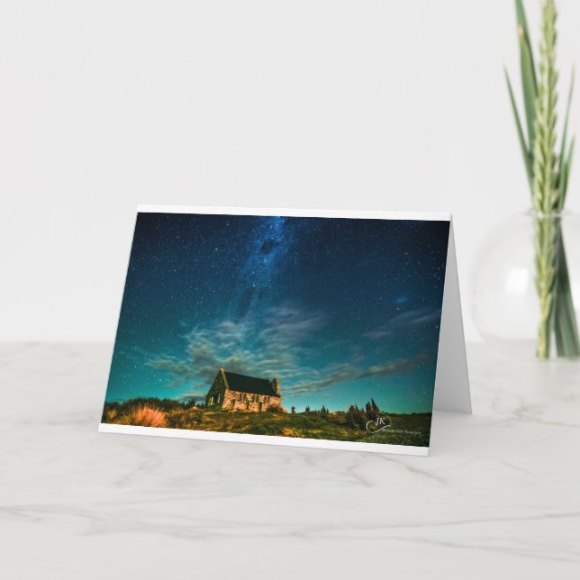 Tarjeta Festiva Iglesia del buen pastor Tekapo en la noche (Anverso)