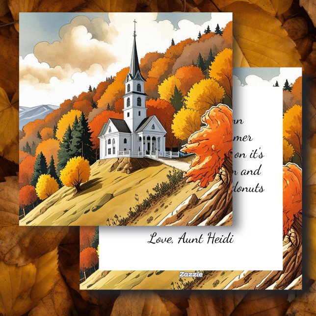 Tarjeta Festiva Iglesia en una colina en la temporada de otoño (Subido por el creador)