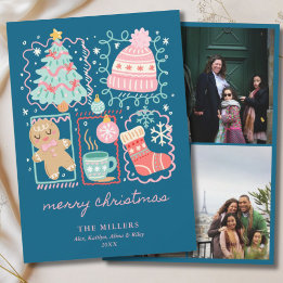 Tarjeta Festiva Illustrated Doodle Blue Xmas Gingerbread 3 Photo
