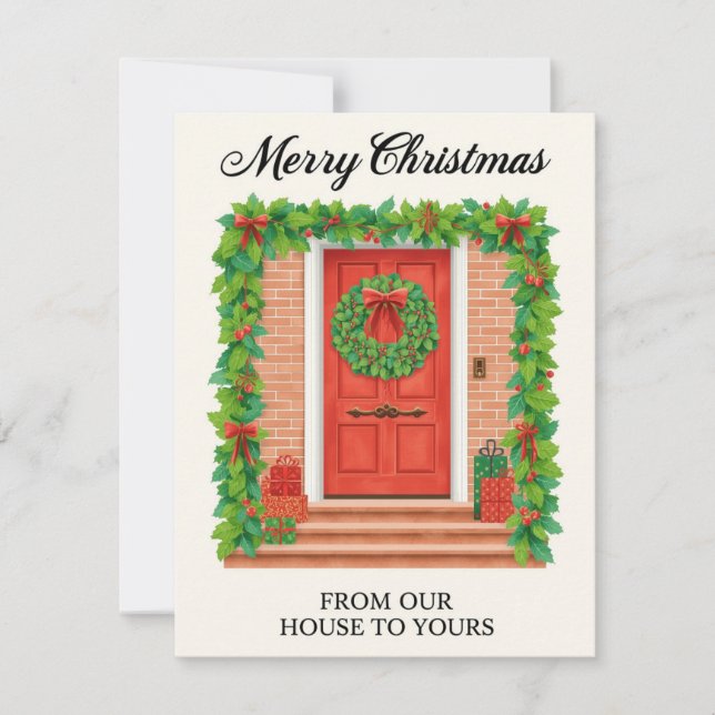 Tarjeta Festiva Illustrated Red Door Garland Wreath (Anverso)