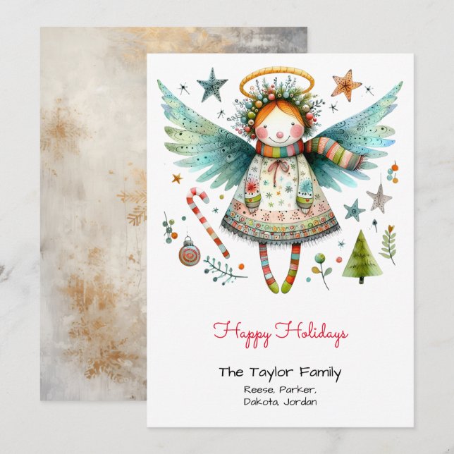 Tarjeta Festiva Ilustracion Ángel Whimsical Felices Fiestas (Anverso / Reverso)