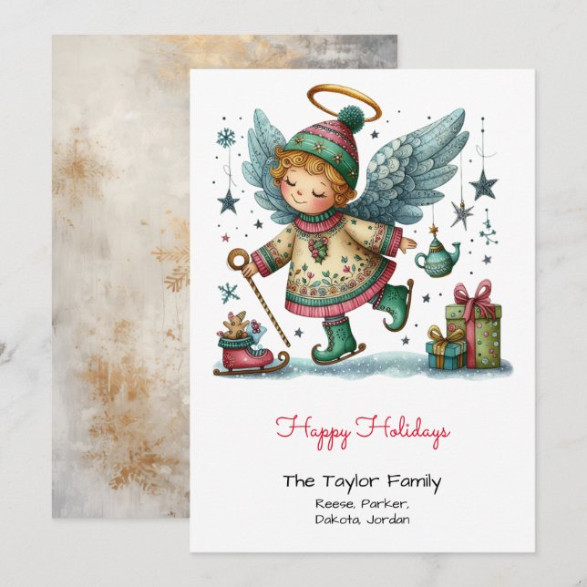 Tarjeta Festiva Ilustración caprichosa de ángel en patines de hiel (Anverso / Reverso)