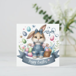 Tarjeta Festiva Ilustracion Cute Easter Basket Bunny Overalls