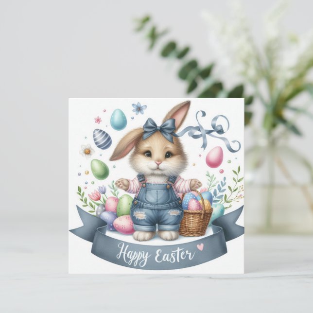 Tarjeta Festiva Ilustracion Cute Easter Basket Bunny Overalls (Anverso de pie)