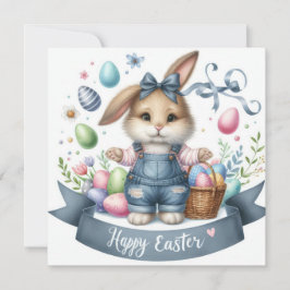 Tarjeta Festiva Ilustracion Cute Easter Basket Bunny Overalls