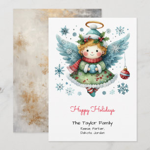 Tarjeta Festiva Ilustración de Ángel Caprichoso Adorable Rojo Feli