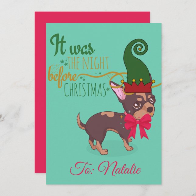 Tarjeta Festiva Ilustracion de cachorro de Navidades rojos y verde (Anverso / Reverso)