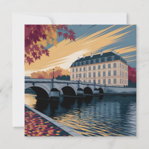 Tarjeta Festiva Ilustración de ciudad europea junto al río en otoñ
