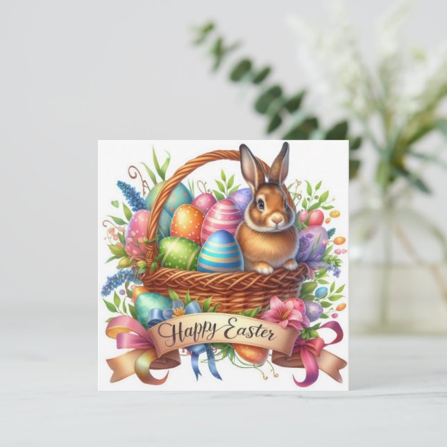 Tarjeta Festiva Ilustracion de conejo de la cesta de Pascua (Anverso de pie)