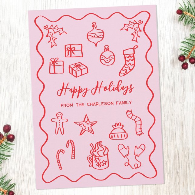 Tarjeta Festiva Ilustracion de esgrima moderna Doodle rosa y rojo (Fun hand drawn scribble doodle Christmas holiday card in pink & red to personalize with custom text.)
