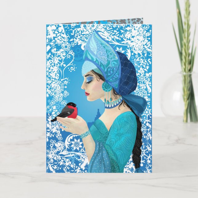 Tarjeta Festiva Ilustracion de estilo ruso Snegurochka. Snowmaiden (Anverso)