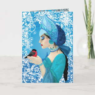 Tarjeta Festiva Ilustracion de estilo ruso Snegurochka. Snowmaiden