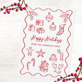 Tarjeta Festiva Ilustración de garabato moderno en rojo y blanco