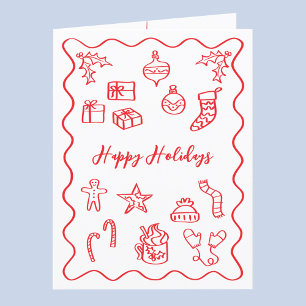 Tarjeta Festiva Ilustración de garabato moderno en rojo y blanco