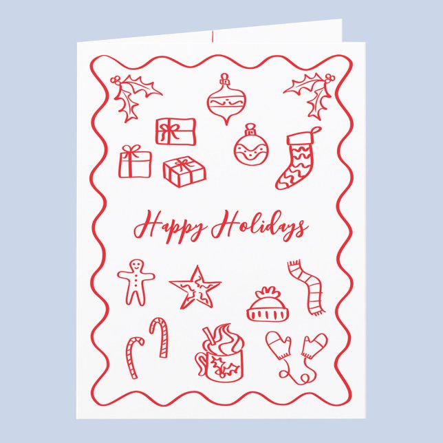 Tarjeta Festiva Ilustración de garabato moderno en rojo y blanco (Fun hand drawn scribble doodle red and white personalized custom text Christmas holiday card)