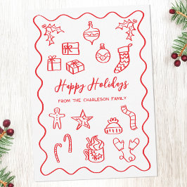 Tarjeta Festiva Ilustración de garabato moderno en rojo y blanco