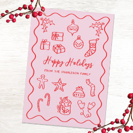 Tarjeta Festiva Ilustración de garabato moderno en rosa y rojo