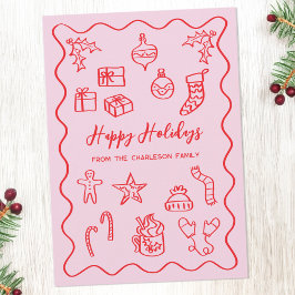 Tarjeta Festiva Ilustración de garabato moderno en rosa y rojo