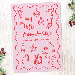 Tarjeta Festiva Ilustración de garabato moderno en rosa y rojo