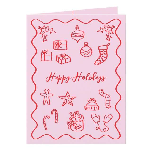 Tarjeta Festiva Ilustración de garabato moderno rosa y rojo (Pink and red hand drawn doodle custom text personalized folded Christmas holiday card)