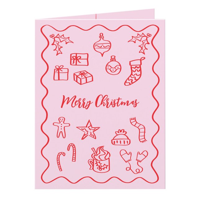 Tarjeta Festiva Ilustración de garabato moderno rosa y rojo (Fun hand drawn scribble doodle pink and red personalized custom text Christmas holiday card)