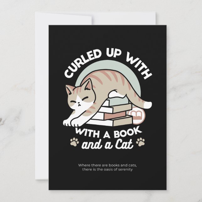 Tarjeta Festiva Ilustracion de Gato de Amante de Libros - Curva y  (Anverso)