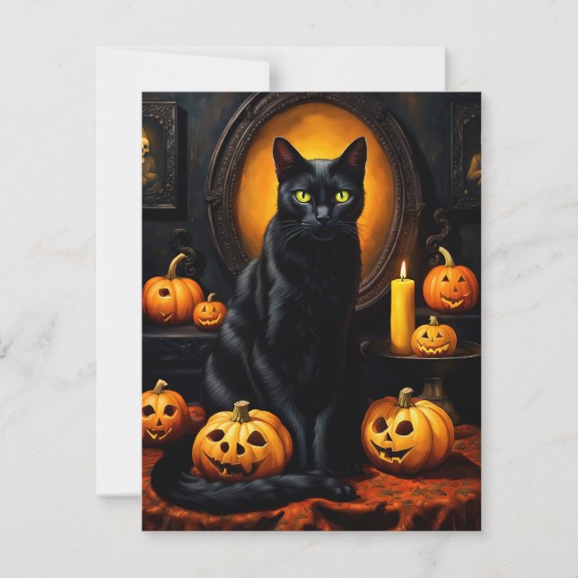 Tarjeta Festiva Ilustracion de Halloween con gato y calabazas (Anverso)