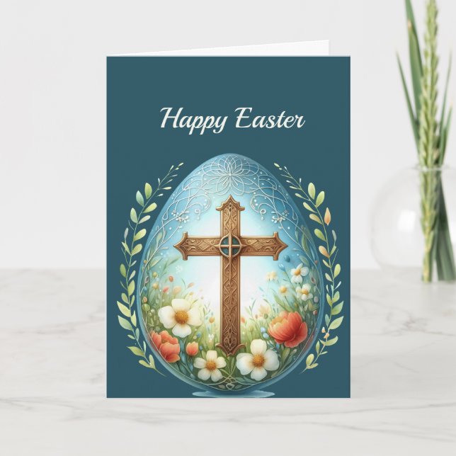 Tarjeta Festiva Ilustracion de Huevo de Cruz Floral de Pascua (Anverso)