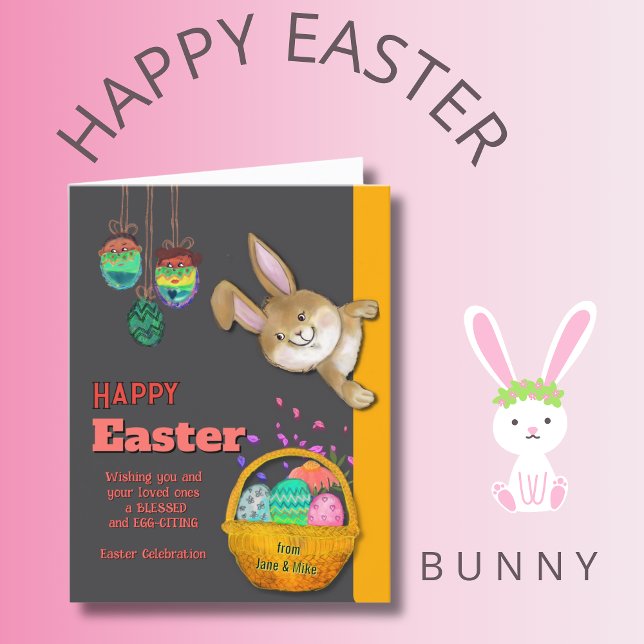 Tarjeta Festiva Ilustracion DE HUEVO DE HUEVO DE Semana Santa (Easter Bunny EGG-CITING illustration Holiday Card)