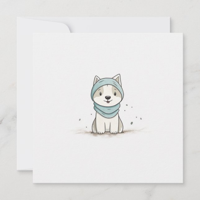 Tarjeta Festiva Ilustración de Husky Acogedor - Cachorro Adorable  (Anverso)