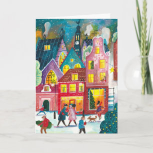 Tarjeta Festiva Ilustración de la ciudad de Amsterdam bajo la niev