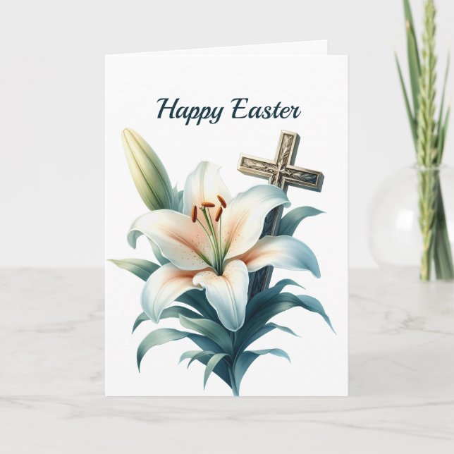 Tarjeta Festiva Ilustracion de la Cruz de Lirio Blanco de Pascua (Anverso)