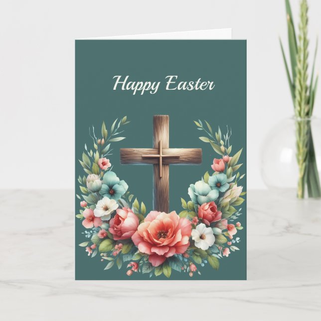 Tarjeta Festiva Ilustracion de la Cruz Floral de Pascua (Anverso)