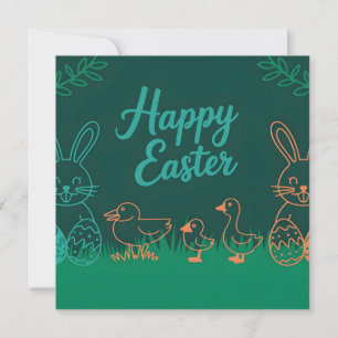 Tarjeta Festiva Ilustración de línea de Pascua con conejos y polli