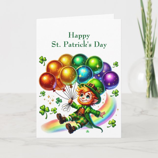 Tarjeta Festiva Ilustracion de los Globos de Leprechaun Verde Irla (Anverso)
