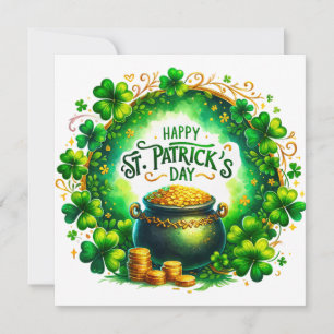 Tarjeta Festiva Ilustracion de Monedas de Cauldron Verde Día de Sa