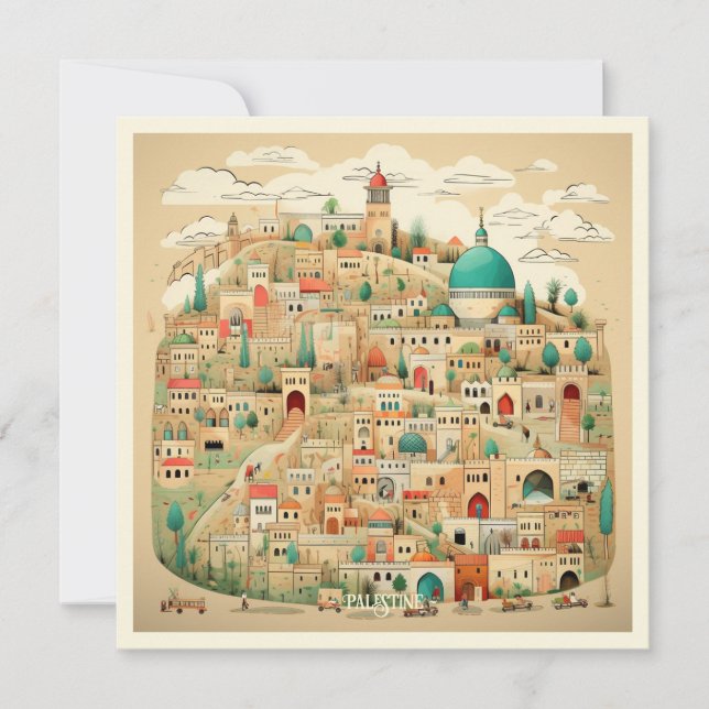 Tarjeta Festiva Ilustracion de paisajes urbanos de Palestina (Anverso)
