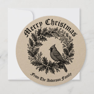 Tarjeta Festiva Ilustracion de pájaro Wreath Holly Mistletoe