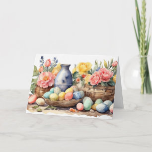 Tarjeta Festiva Ilustración de Pascua en acuarela con flores, huev