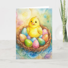 Tarjeta Festiva Ilustración de pollo de Pascua en un nido con huev