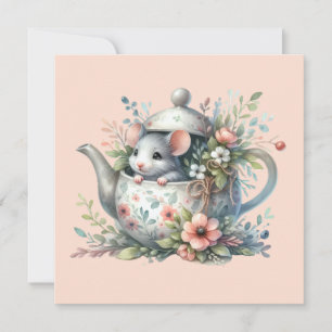 Tarjeta Festiva Ilustración de ratón lindo en tetera floral