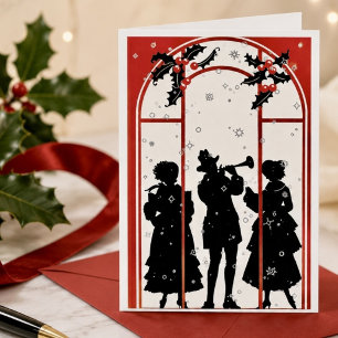 Tarjeta Festiva Ilustración de silueta de villancistas navideños v