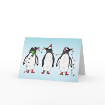 Ilustración de tres pingüinos navideños festivos