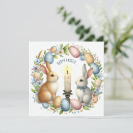 Tarjeta Festiva Ilustracion de Velas Azules Pink Bunny de Pascua
