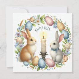 Tarjeta Festiva Ilustracion de Velas Azules Pink Bunny de Pascua