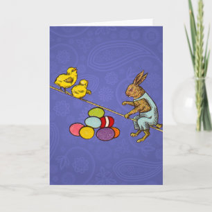Tarjeta Festiva Ilustración del conejo de Pascua poniendo huevos