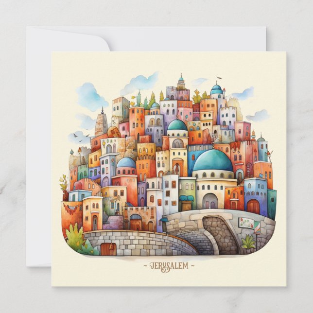 Tarjeta Festiva Ilustracion del paisaje urbano de Jerusalén (Anverso)