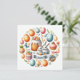 Tarjeta Festiva Ilustracion Easter Bunny Cake Eggs