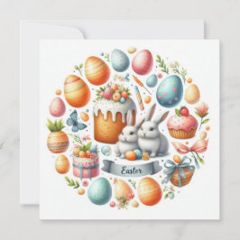 Tarjeta Festiva Ilustracion Easter Bunny Cake Eggs