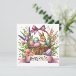 Tarjeta Festiva Ilustracion floral de conejo con cesta de pascua